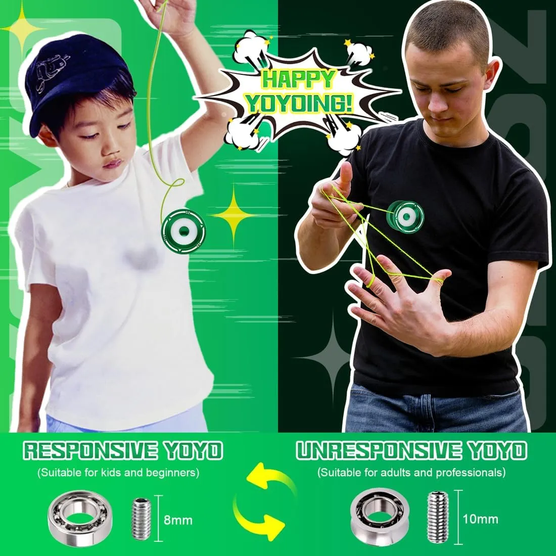 S2 Dual Purpose Yoyo for Beginner / Professional Finger Trick Yoyo, Responsive & Unresponsive Yo Yo with Bag Case   10 Yo-yo Strings (Green)
