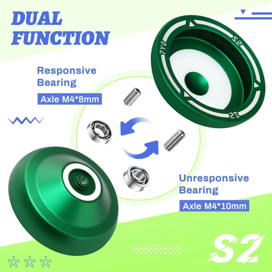 S2 Dual Purpose Yoyo for Beginner / Professional Finger Trick Yoyo, Responsive & Unresponsive Yo Yo with Bag Case   10 Yo-yo Strings (Green)