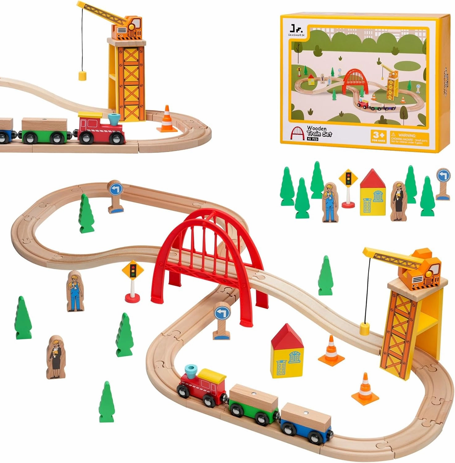 SainSmart Jr. 41 Pcs Deluxe Wooden Train Set for Toddler, Wood Train Track w/Crane Fits Brio Thomas, Melissa and Doug for Kids Ages 3 
