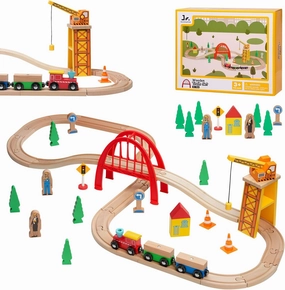 SainSmart Jr. 41 Pcs Deluxe Wooden Train Set for Toddler, Wood Train Track w/Crane Fits Brio Thomas, Melissa and Doug for Kids Ages 3 