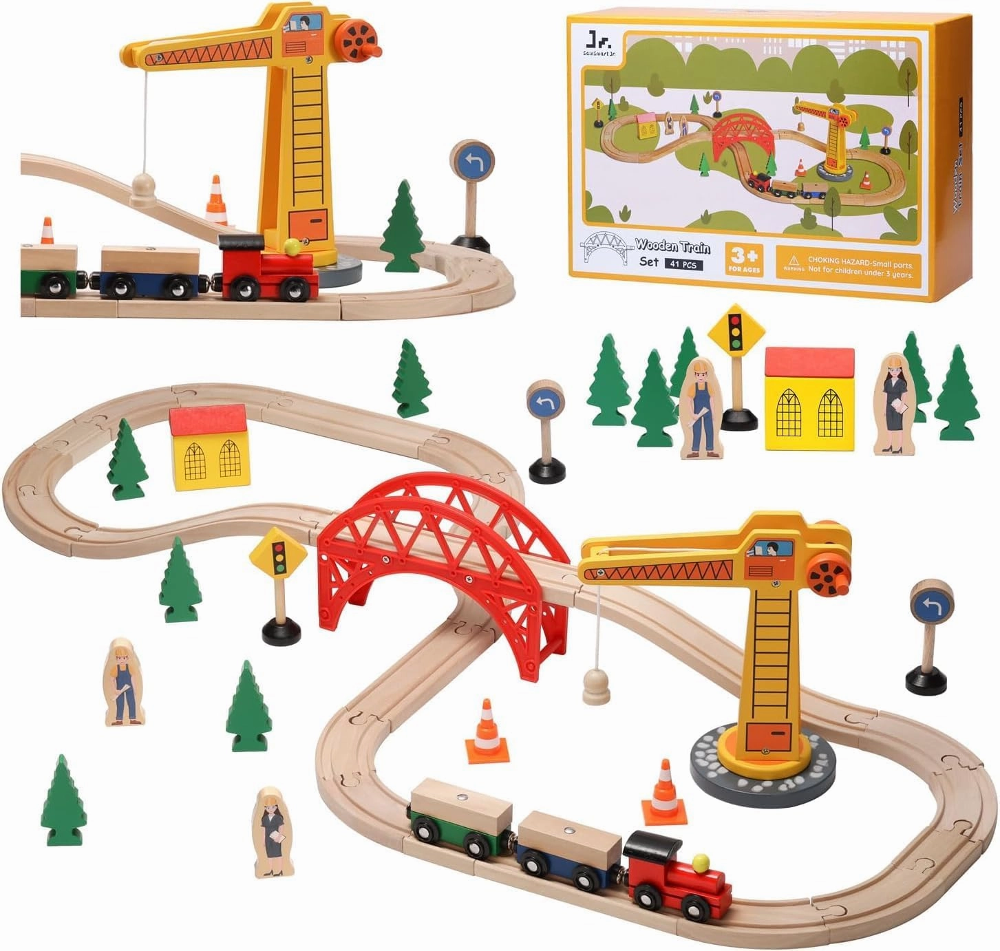 SainSmart Jr. Wooden Train Set for Toddler, 41pcs Wood Train Track w/Crane Fits Brio, Thomas, Melissa and Doug, Kids Wood Toy Train for Kids Ages 3 