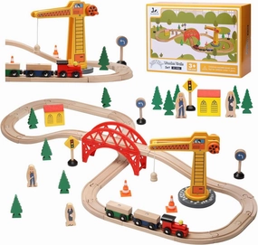 SainSmart Jr. Wooden Train Set for Toddler, 41pcs Wood Train Track w/Crane Fits Brio, Thomas, Melissa and Doug, Kids Wood Toy Train for Kids Ages 3 