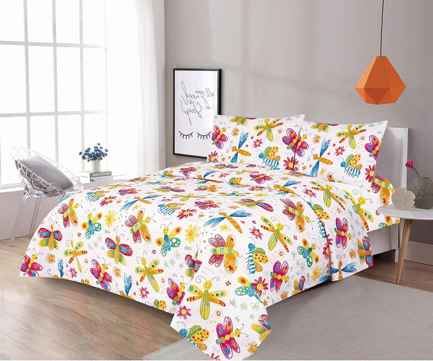 Sapphire Home 8 Piece Butterfly Full Bedding Set, Bed in a Bag, Kids Butterfly Comforter Set with Butterfly Sheets, Pillow Case, Toy Pillow, Toddler Bedroom Kit, Full Size