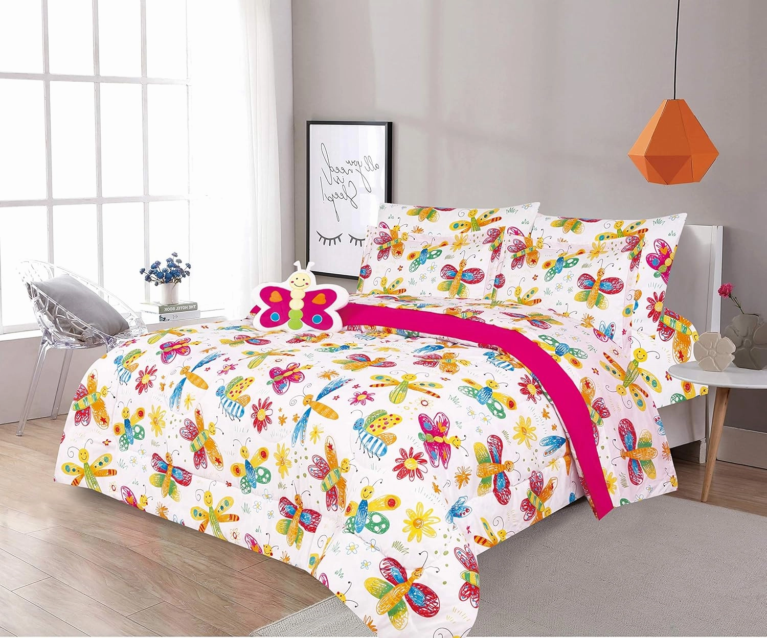 Sapphire Home 8 Piece Butterfly Full Bedding Set, Bed in a Bag, Kids Butterfly Comforter Set with Butterfly Sheets, Pillow Case, Toy Pillow, Toddler Bedroom Kit, Full Size