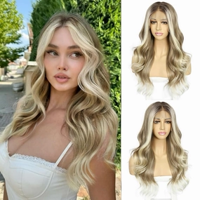 SAPPHIREWIGS 13x4 Synthetic Lace Front Wigs Highlight Brown Wig with Blonde Tips Body Wavy Heat Resistant Fiber Hair for Daily Party Use 20 Inch