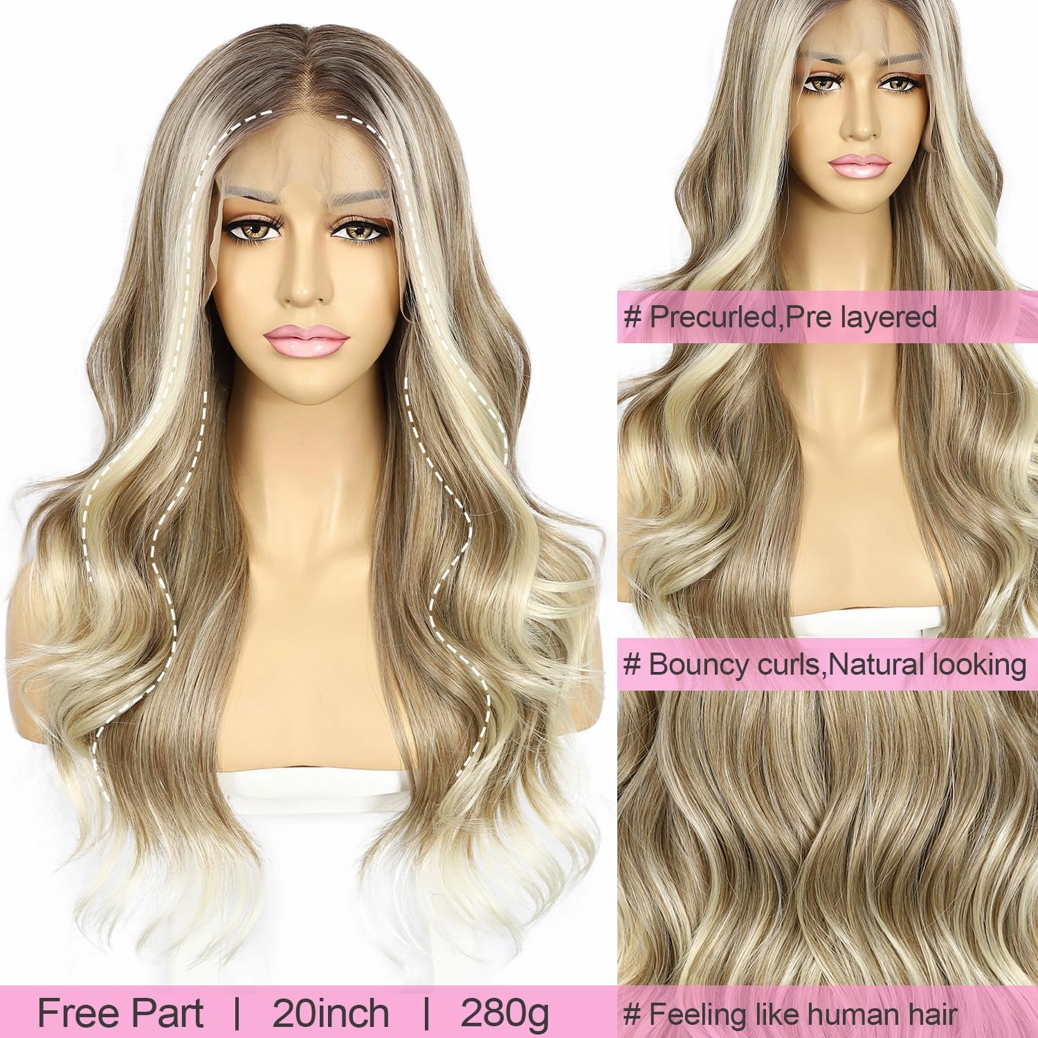 SAPPHIREWIGS 13x4 Synthetic Lace Front Wigs Highlight Brown Wig with Blonde Tips Body Wavy Heat Resistant Fiber Hair for Daily Party Use 20 Inch