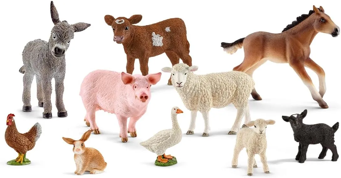 Schleich Farm World - 10 PC Farm Animal Playset with Cow, Donkey, Chicken, Pig, Bunny, Horse Toys and More -Realistic Barnyard Figurines - Fun Educational Figures For Kids and Toddlers Ages 3  - 77585
