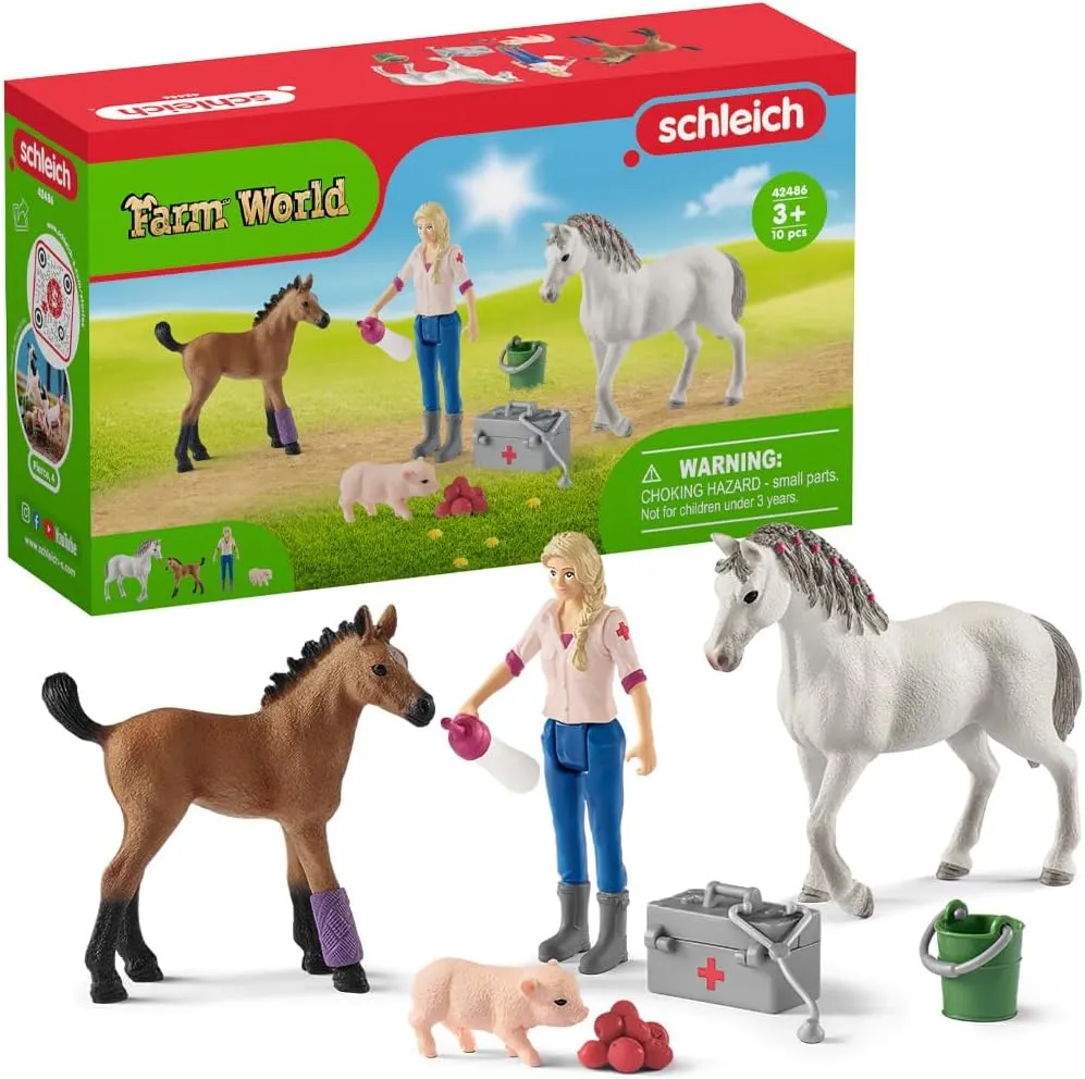 Schleich Farm World 9pc. Vet Visit Playset with Piglet, Mare, and Foal Horse Figurines - Detailed and Durable Farm Animal Toy Set, Fun and Educational Play for Boys and Girls, Gift for Kids Ages 3 