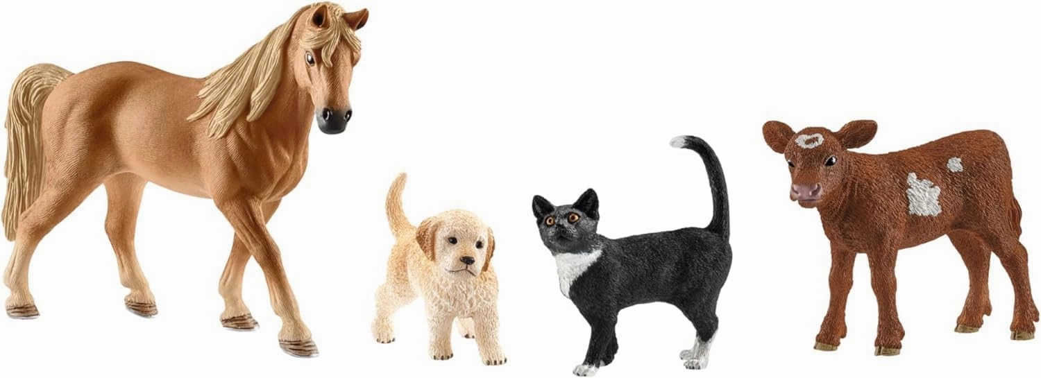 Schleich Farm World 4pc Animal Figurine Starter Playset - Educational Farm Animal Collection Starter Kit Toy with Cat, Horse, Puppy, and Calf, Durable for Boys and Girls, Gift for Kids Ages 3 
