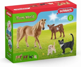 Schleich Farm World 4pc Animal Figurine Starter Playset - Educational Farm Animal Collection Starter Kit Toy with Cat, Horse, Puppy, and Calf, Durable for Boys and Girls, Gift for Kids Ages 3 