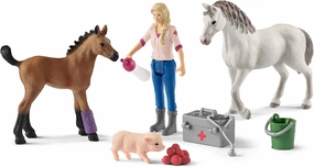 Schleich Farm World, Farm Animal Toys for Kidsm Vet Visiting Mare and Foal with Veterinarian and Horse Toys 9-piece set