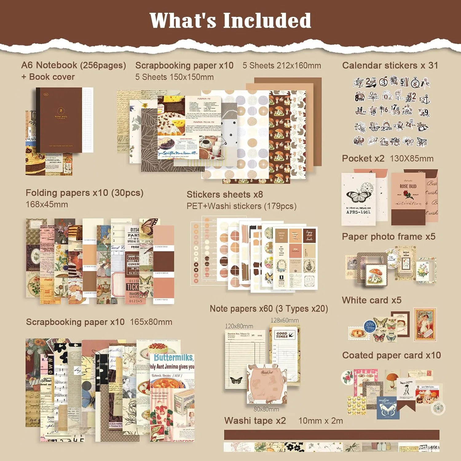 Scrapbooking Supplies Kit, 351pcs Bullet Junk Journal Kit with Journaling Supplies, Vintage Aesthetic Scrapbook Paper A6 Grid Notebook, Scrapbook Kit, Craft DIY Gift for Adult Teen Girl Kid Women