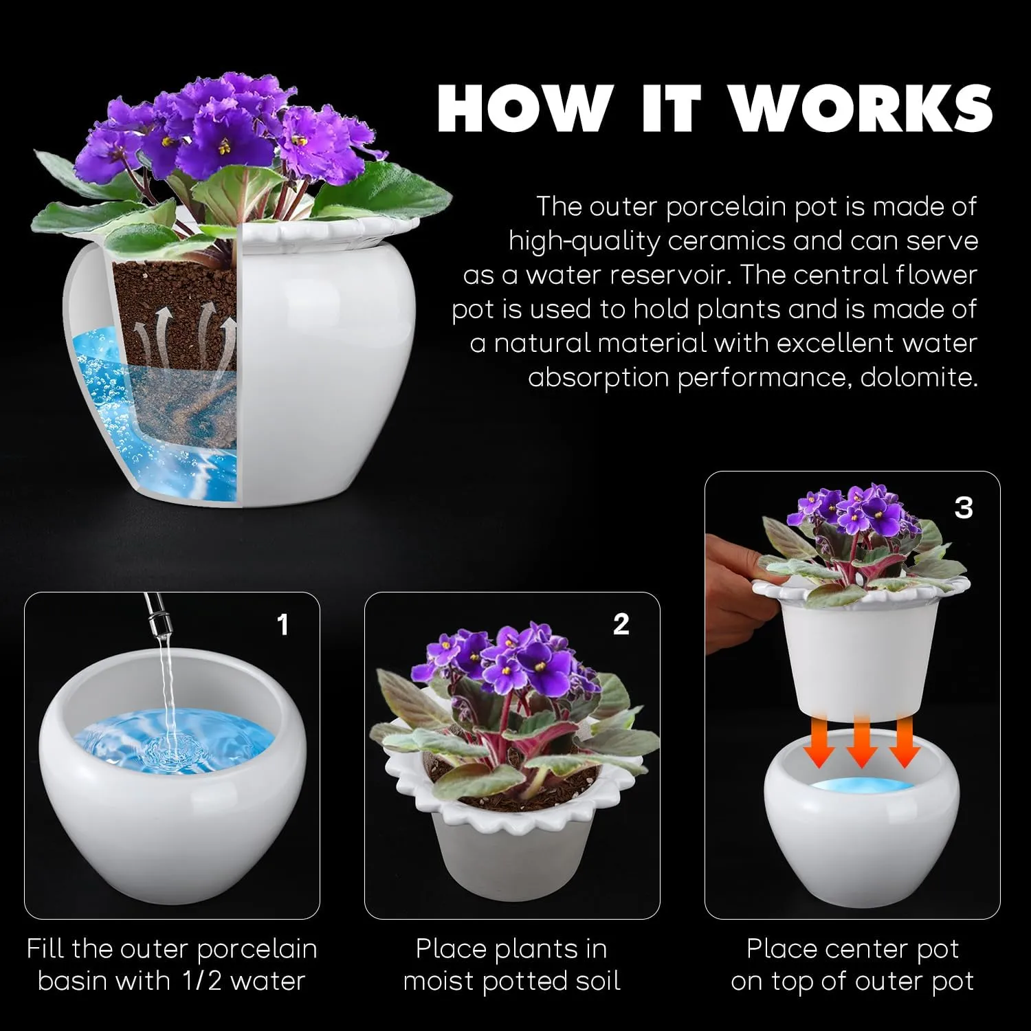 Self Watering Plant Pot African Violet Pots Ceramic 6.5 * 4.6 * 4 inch White for Indoor Flowers and Plants Simple Plant Self Watering Pot Modern Decor Pots Efficient Absorption Water