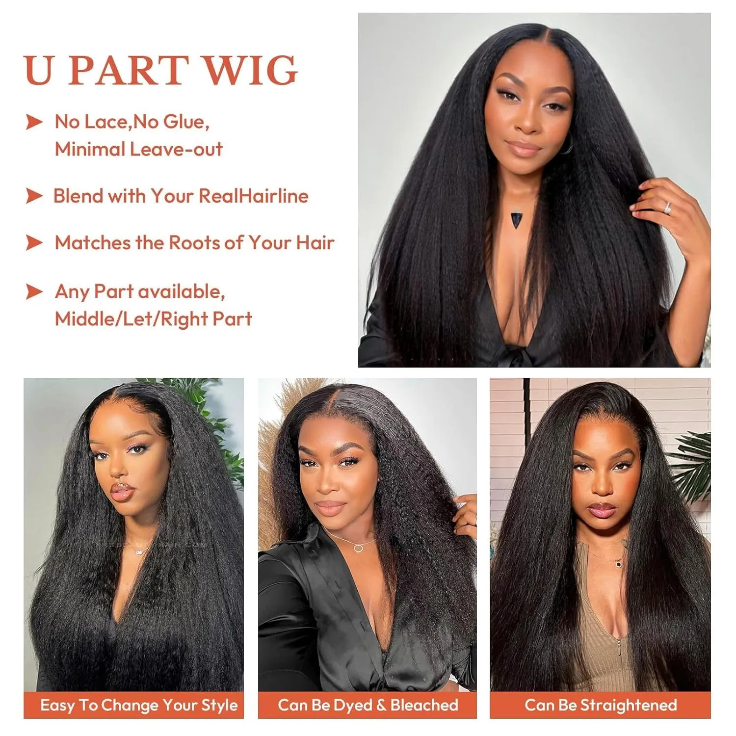 Selina Hair U Part Wigs Human Hair Kinky Straight Wig Yaki 100% Remy Human Hair Wig for Women Brazilian Virgin Straight Human Hair Glueless Wigs 16 Inch