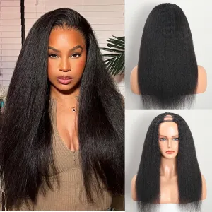 Selina Hair U Part Wigs Human Hair Kinky Straight Wig Yaki 100% Remy Human Hair Wig for Women Brazilian Virgin Straight Human Hair Glueless Wigs 16 Inch