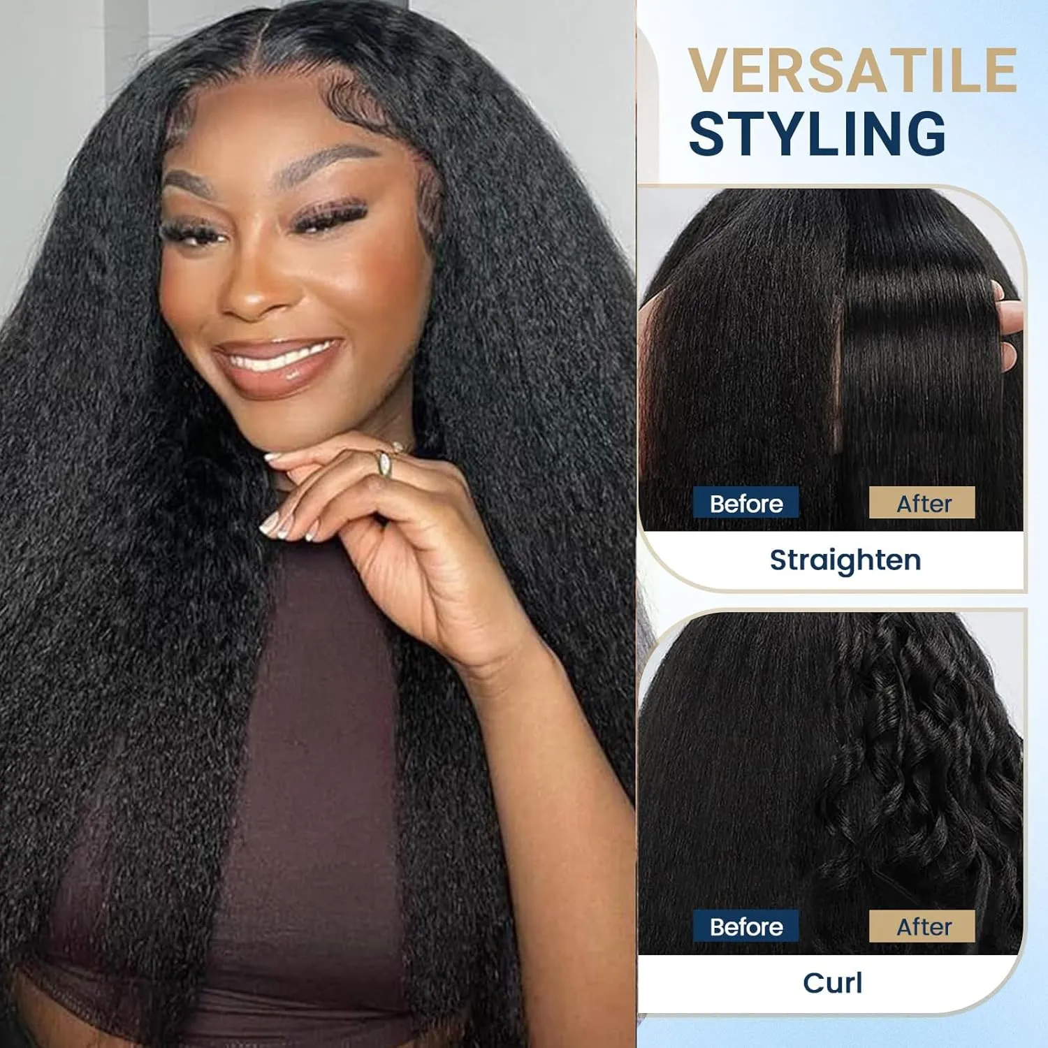 Selina Hair U Part Wigs Human Hair Kinky Straight Wig Yaki 100% Remy Human Hair Wig for Women Brazilian Virgin Straight Human Hair Glueless Wigs 16 Inch