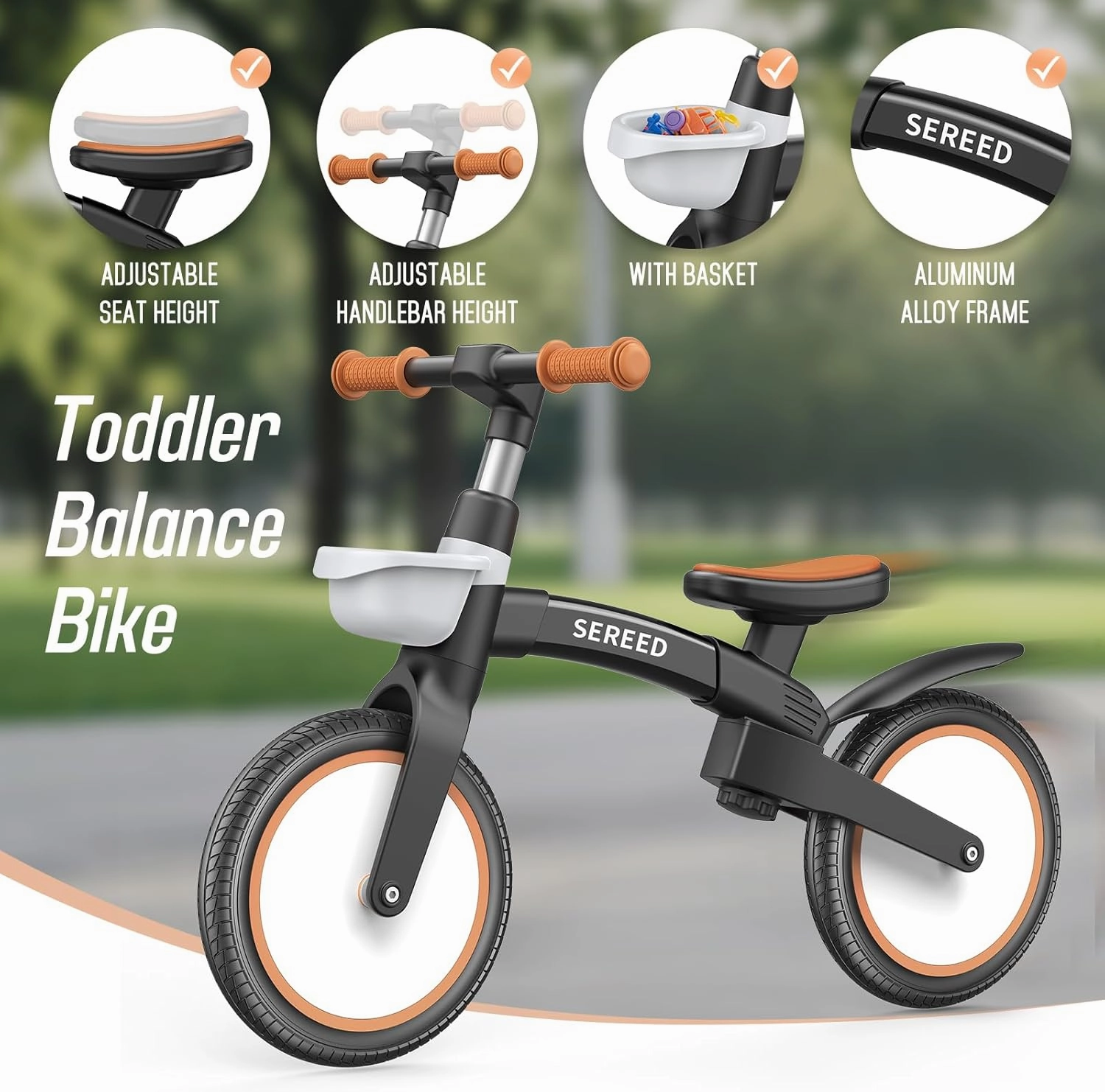 SEREED Toddler Balance Bike 2.5 Year Old, 12 Inch Adjustable Kids Bike Toy with Basket, Birthday Gift for Age 3 4 5 Boys Girls, Tool-Free Assembly, No Pedal (Black)