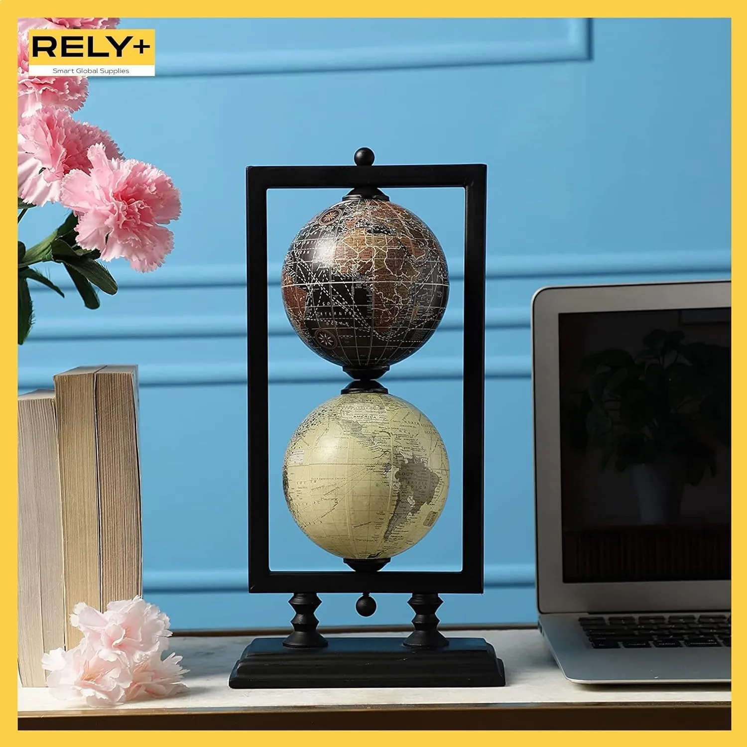 Set of 2 4'' World Globe Sturdy Metal Stand (NOT PLASTIC!) - Rotating Desktop Globes For Geographic Home Desk Table Office Decor Gift - Book Shelf Decor World Globe - Portrait