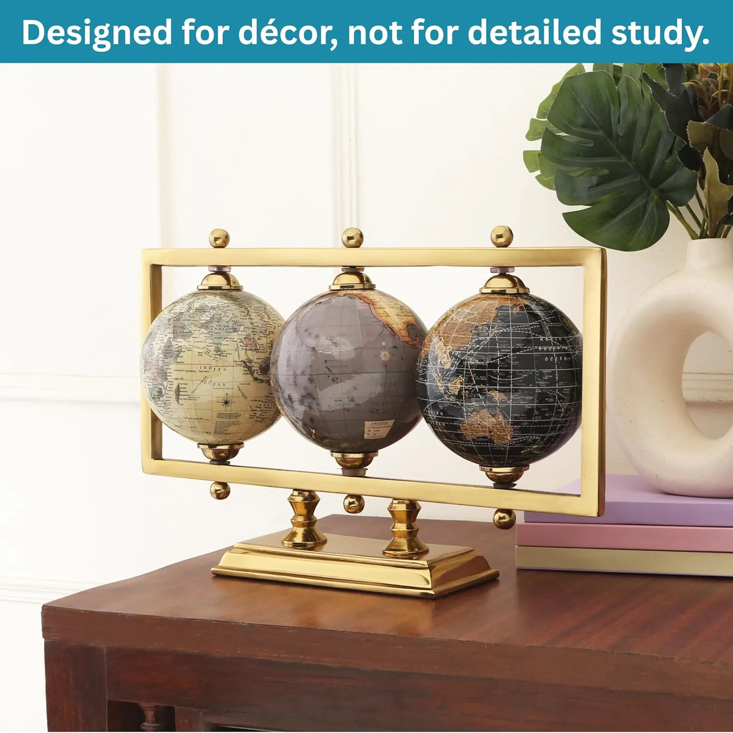 Set of 3 4'' World Globes Sturdy Metal Gold Stand (NOT PLASTIC!) - Rotating Desktop Globe For Geographic Home Decorative Desk Table Office Gift - Book Shelf Decor World Globe - Landscape