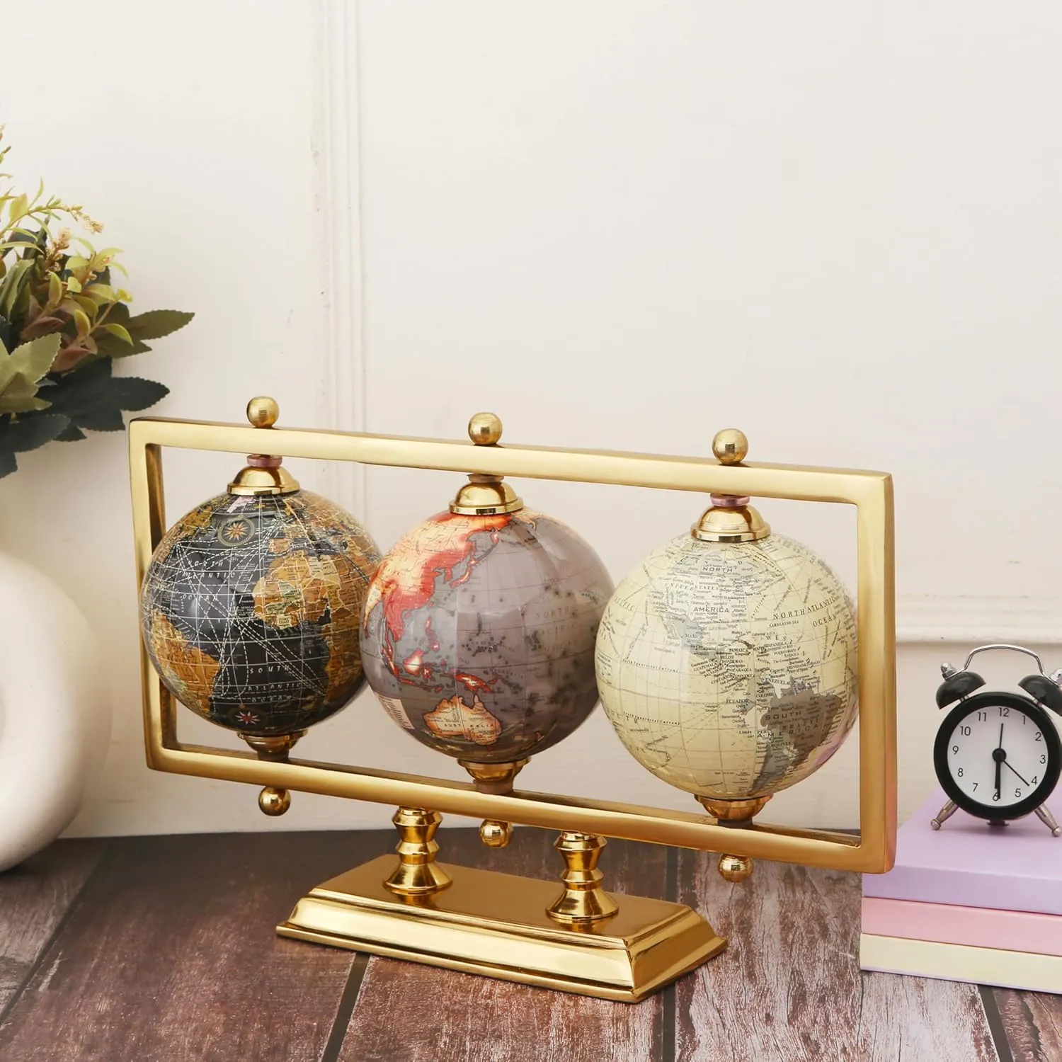 Set of 3 4'' World Globes Sturdy Metal Gold Stand (NOT PLASTIC!) - Rotating Desktop Globe For Geographic Home Decorative Desk Table Office Gift - Book Shelf Decor World Globe - Landscape