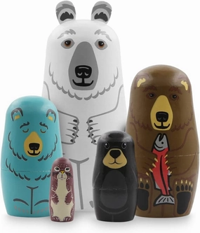 Set of 5 Bear Nesting Dolls Animal Polar Bear Brown Bear Weasel Wooden Russian Doll Matryoshka Dolls for Christmas Birthday Kids Stacking Toy Boy Girl Gift Home School Decoration