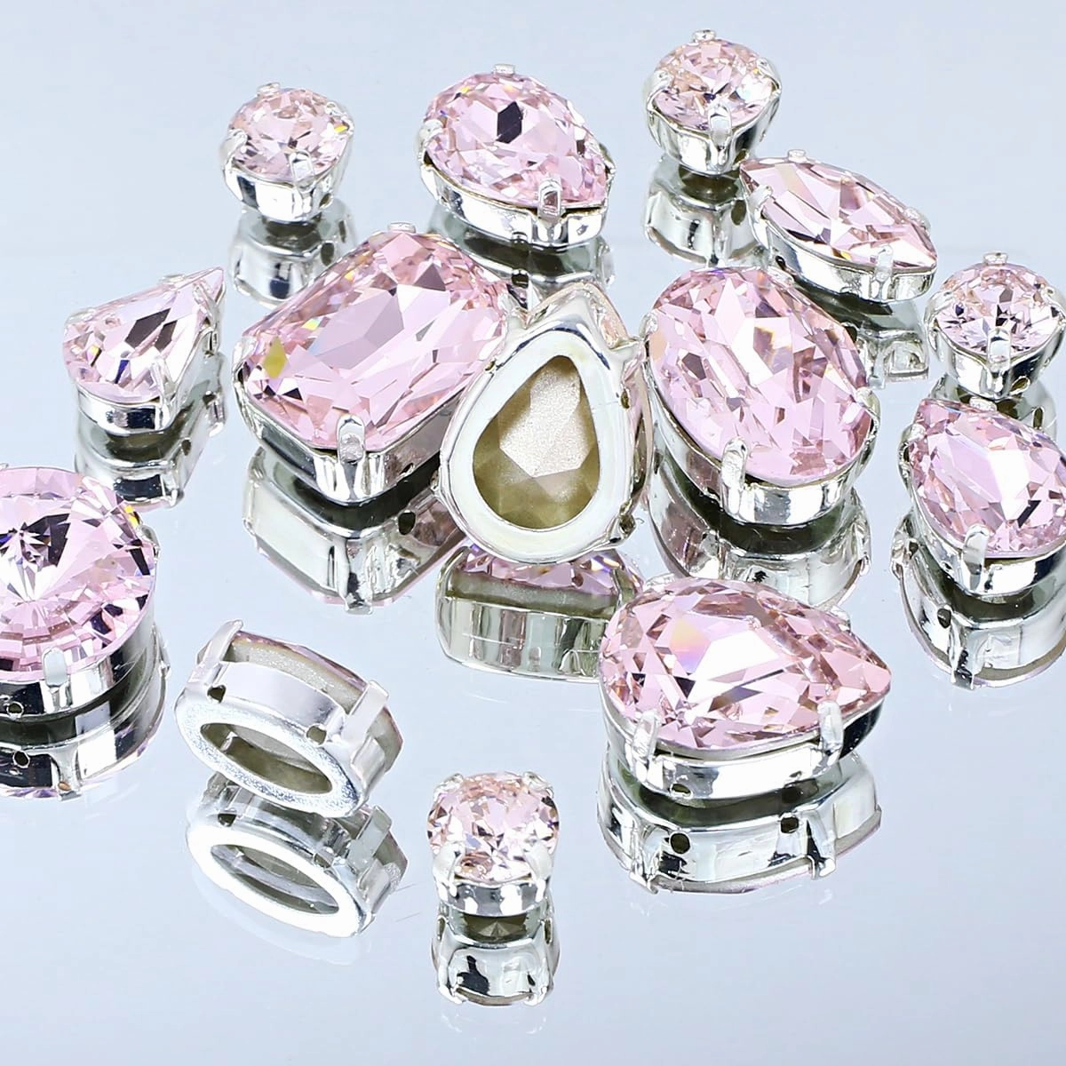 Sew On Rhinestones with Holes Claw Rhinestone Setting K9 Crystal Fancy Stone Gems Copper Flatback Jewelry Making DIY Crafts Clothes Shoes Wedding Decoration Mixed Shapes 82pcs Light Rose-110