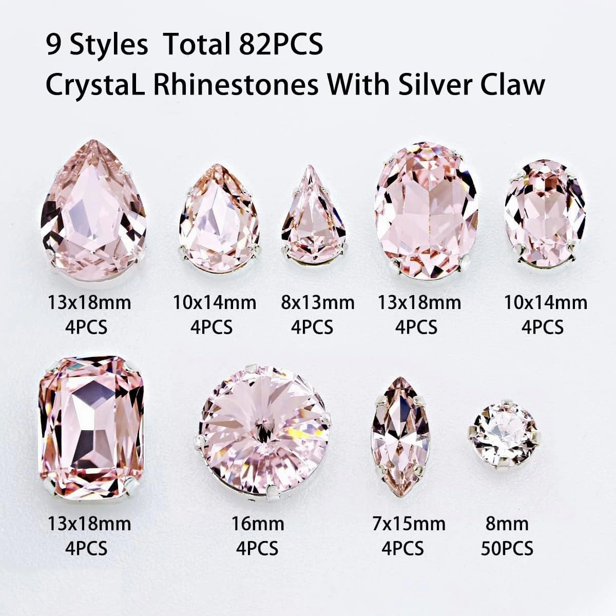 Sew On Rhinestones with Holes Claw Rhinestone Setting K9 Crystal Fancy Stone Gems Copper Flatback Jewelry Making DIY Crafts Clothes Shoes Wedding Decoration Mixed Shapes 82pcs Light Rose-110
