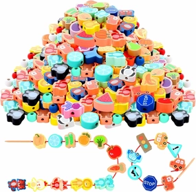 Shappy 65 Pcs Lacing Beads for Toddler 1-6 Years for School Classroom Wooden String Bead Threading Toy Farm Animals Fruits Vegetable Montessori Toy for Early Educational Preschool Learning Activities