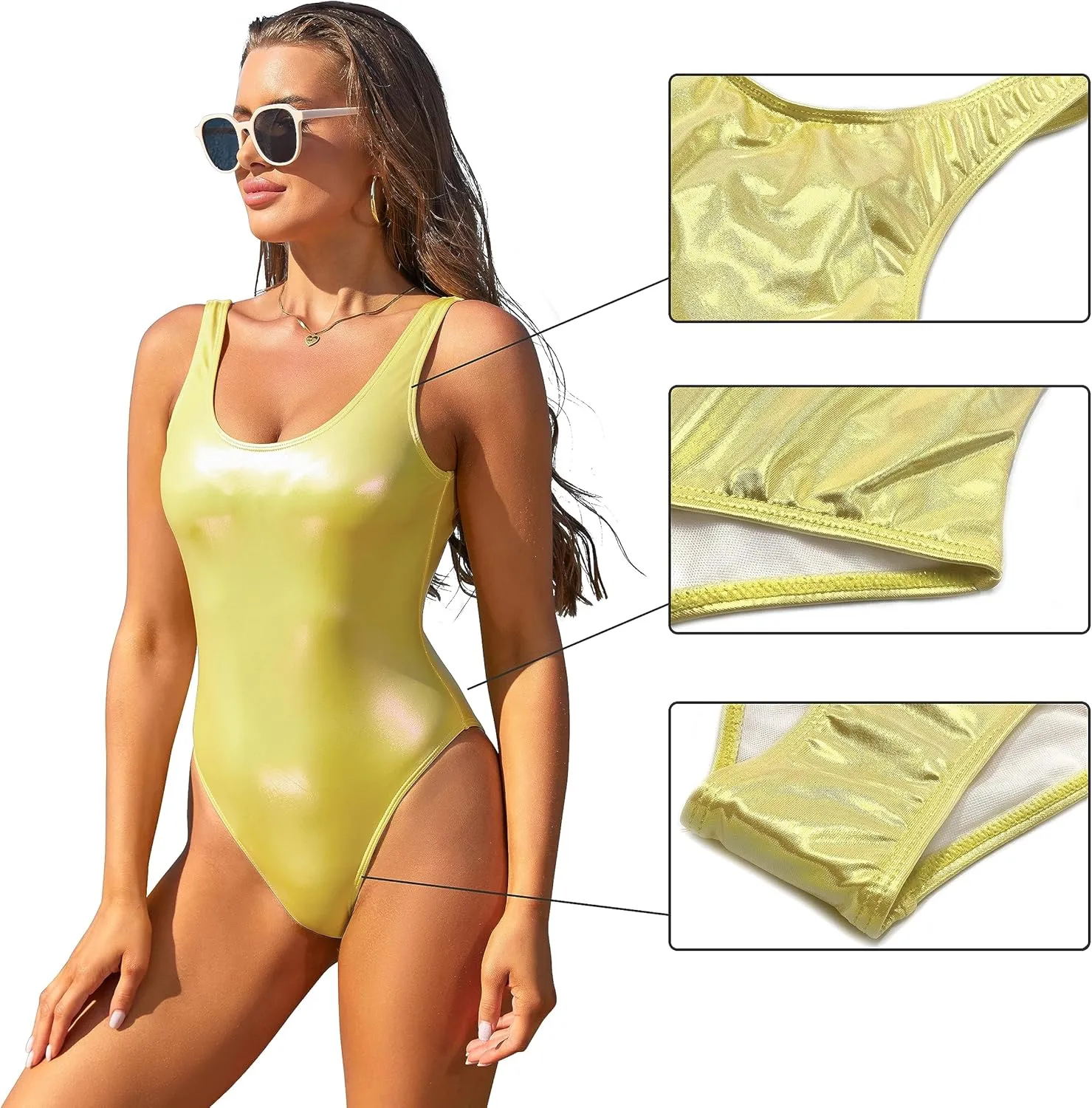 SHEKINI Women's Metallic Shiny Bathing Suit Scoop Neck Backless One Piece Swimsuits