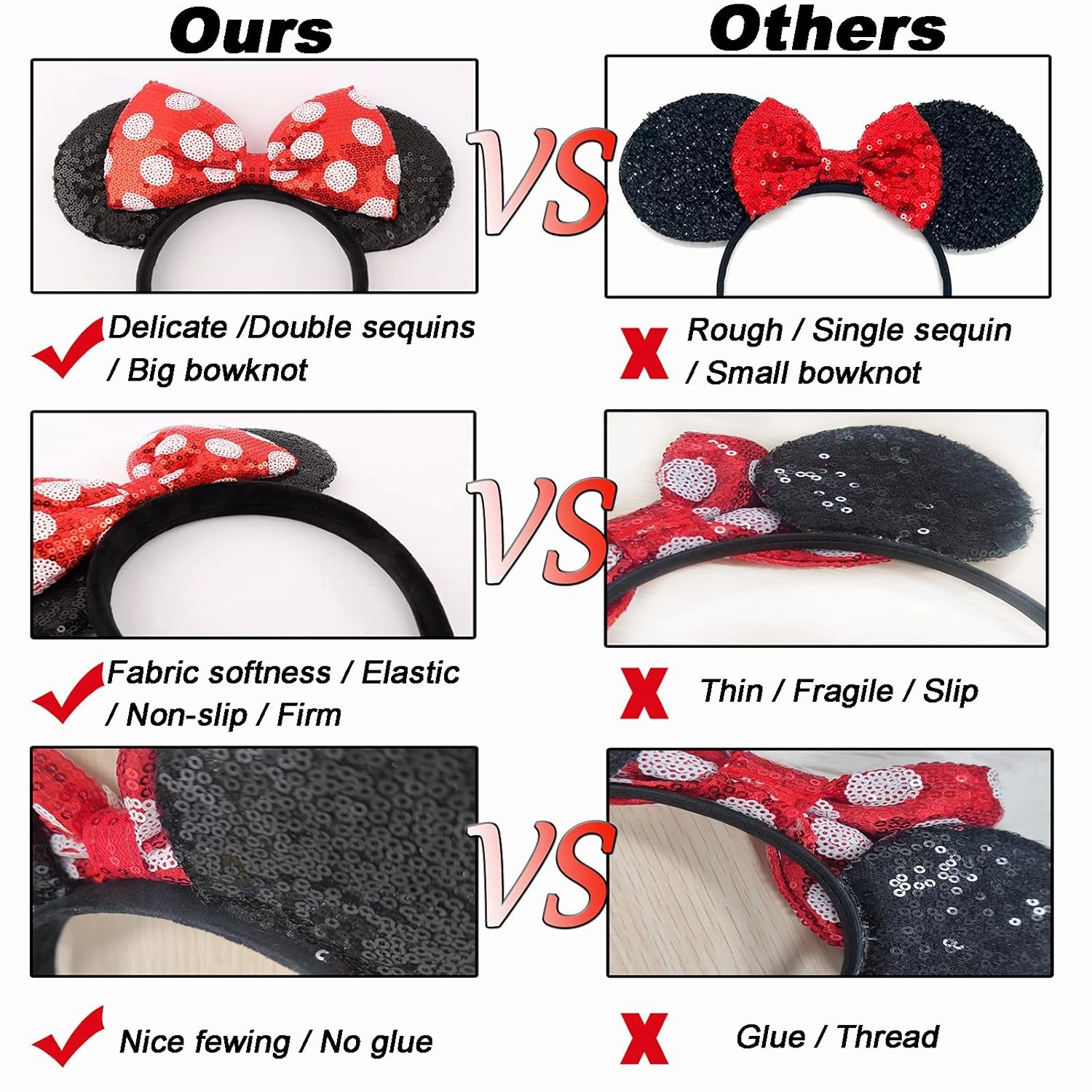 Shiny Sequin Mouse Ear Headbands, 2 PCS Classic Bow Headbands for Adult Women and Girls (Red Sequin & Red Dot)