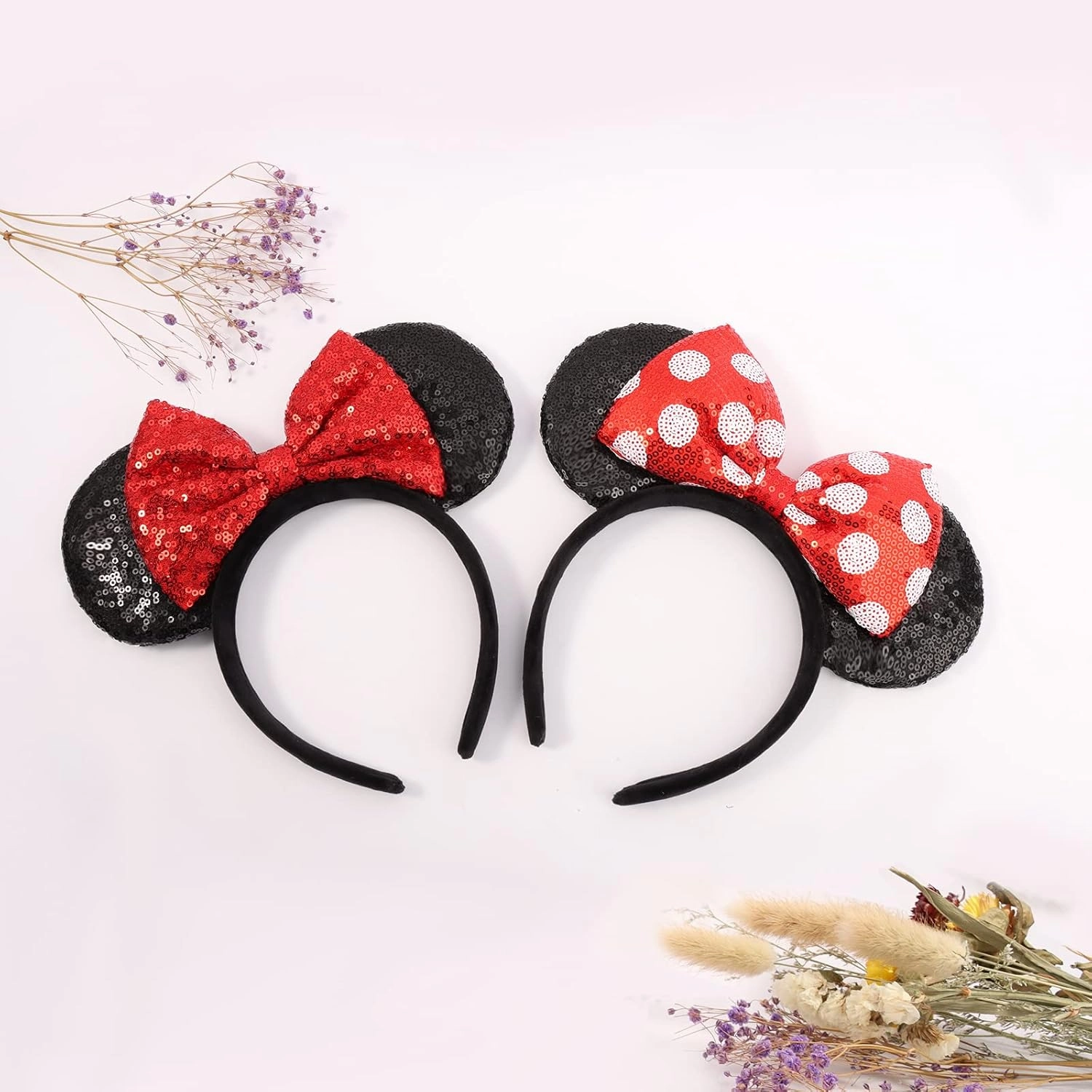 Shiny Sequin Mouse Ear Headbands, 2 PCS Classic Bow Headbands for Adult Women and Girls (Red Sequin & Red Dot)