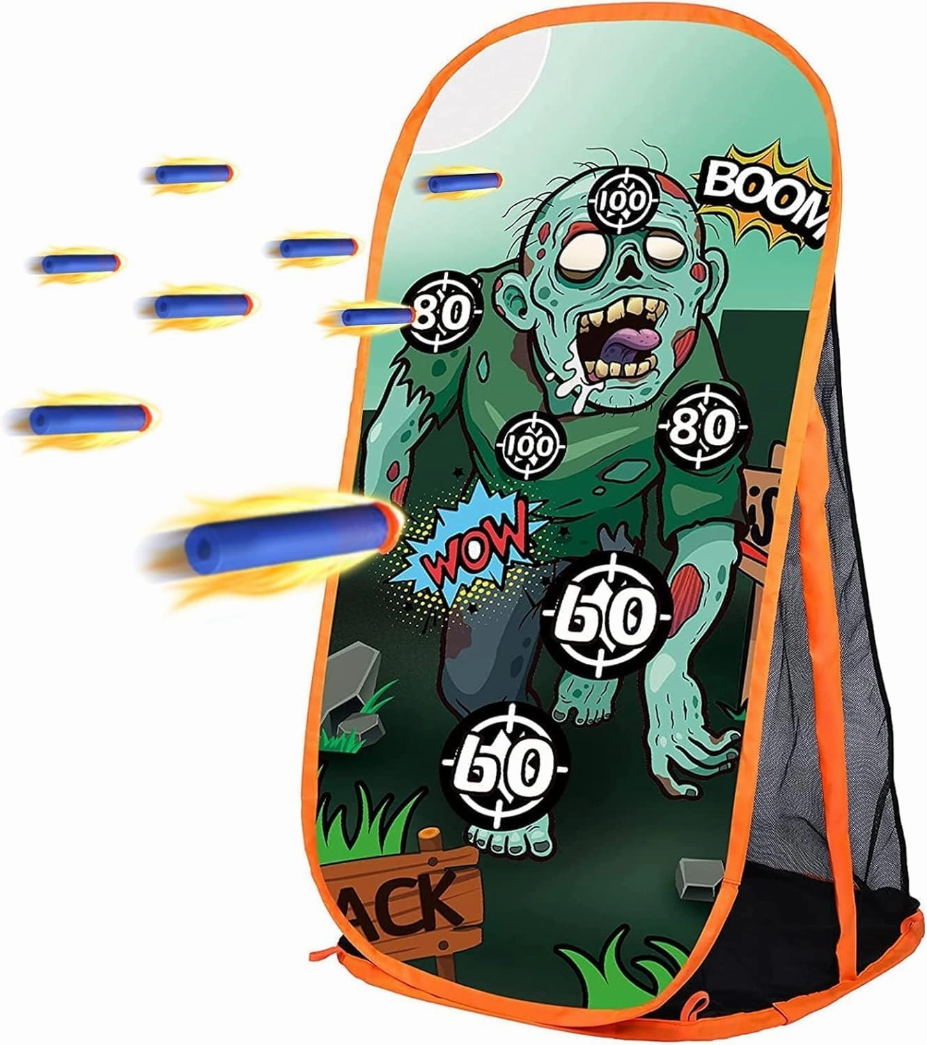 Shooting Practice Target Compatible with Nerf Gun for Boys Girls, Toy Foam Blaster Shooting Targets for Kids Indoor Outdoor, Zombie Shooting Target with Storage Net