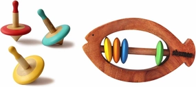 Shumee Wooden Spin Top 3 Pcs & Fish Shaped Rattle Teether Combo. Sensory Toy. 100 Natural & Ecofriendly