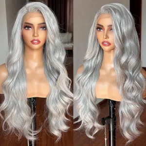 Silver Grey Lace Front Wigs for Women 13x4 Long Layered Loose Wavy HD Lace Frontal Tiny Knots M Natural Hairline Pre Plucked 26 Inch Synthetic Wig for Fashion Girls