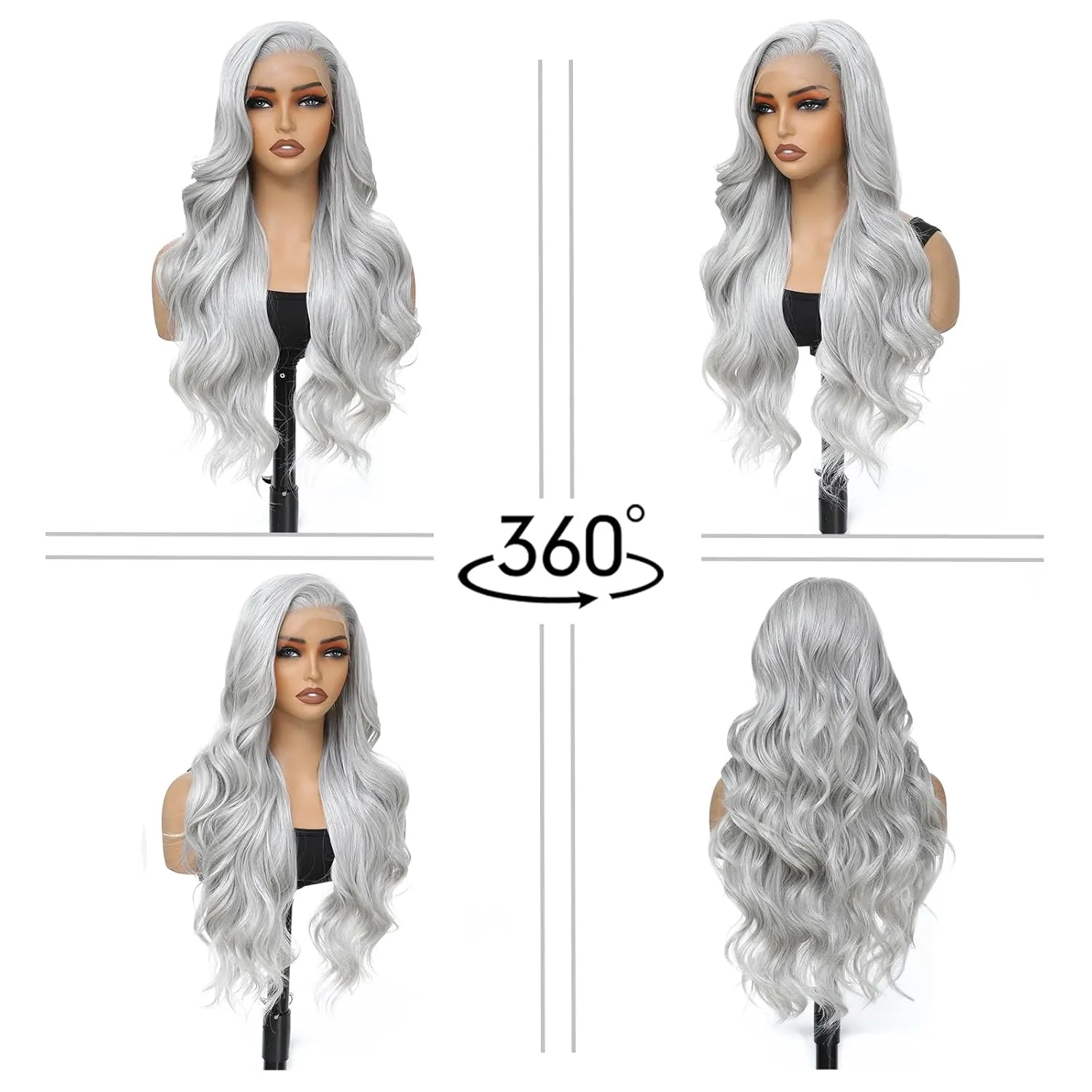 Silver Grey Lace Front Wigs for Women 13x4 Long Layered Loose Wavy HD Lace Frontal Tiny Knots M Natural Hairline Pre Plucked 26 Inch Synthetic Wig for Fashion Girls