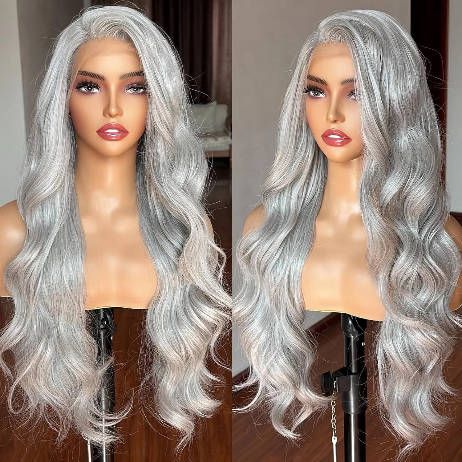 Silver Grey Lace Front Wigs for Women 13x4 Long Layered Loose Wavy HD Lace Frontal Tiny Knots M Natural Hairline Pre Plucked 26 Inch Synthetic Wig for Fashion Girls