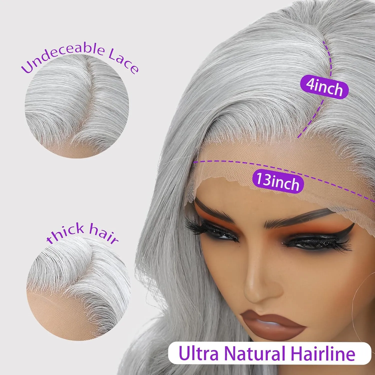 Silver Grey Lace Front Wigs for Women 13x4 Long Layered Loose Wavy HD Lace Frontal Tiny Knots M Natural Hairline Pre Plucked 26 Inch Synthetic Wig for Fashion Girls