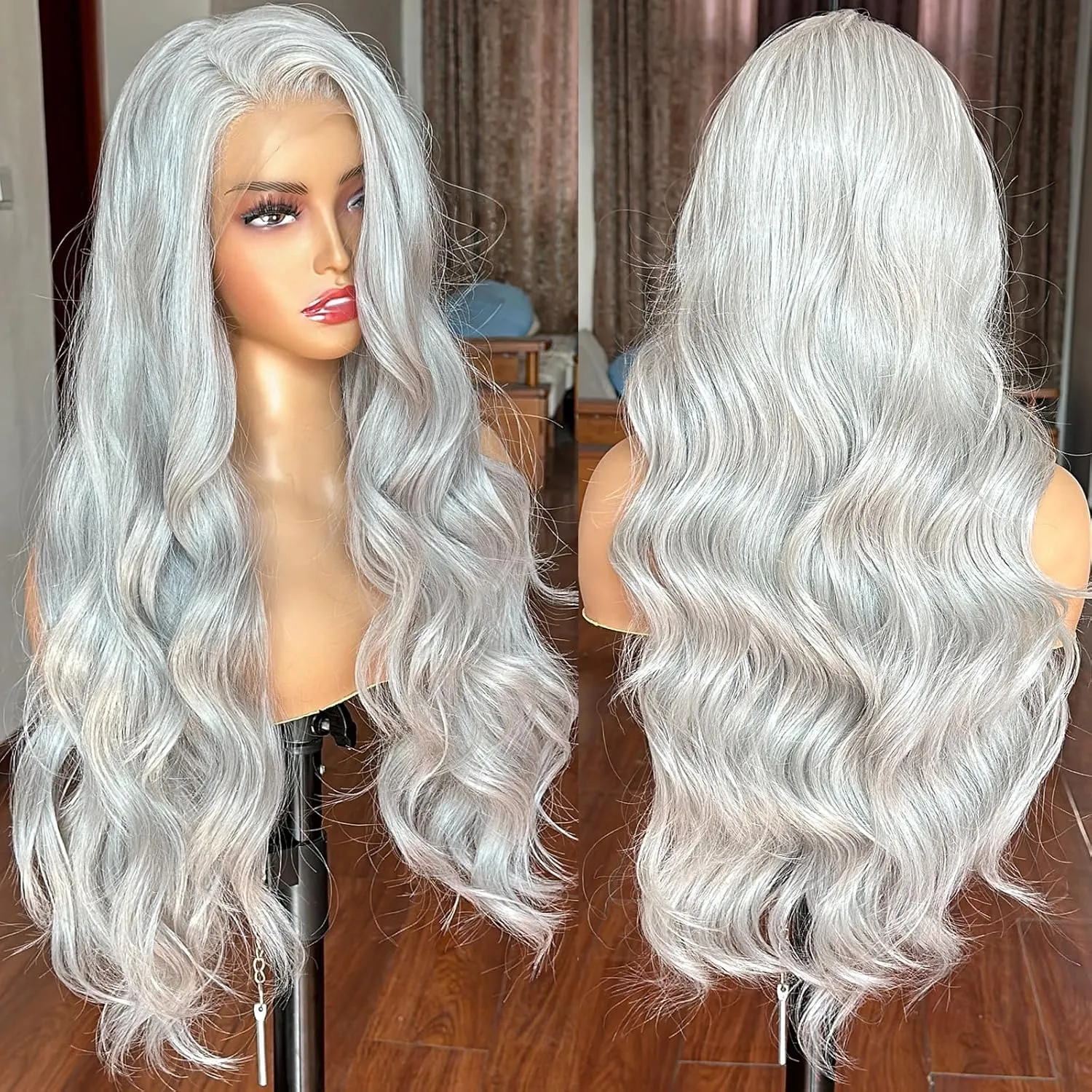 Silver Grey Lace Front Wigs for Women 13x4 Long Layered Loose Wavy HD Lace Frontal Tiny Knots M Natural Hairline Pre Plucked 26 Inch Synthetic Wig for Fashion Girls