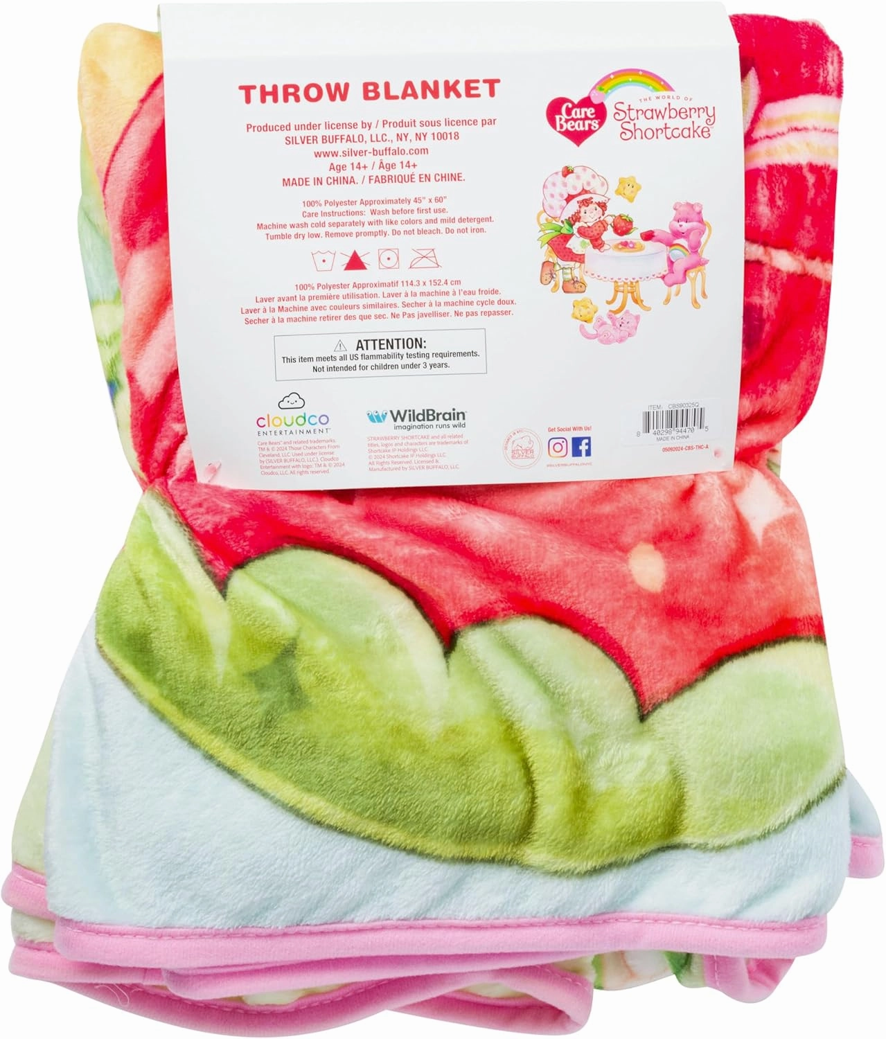 Silver Buffalo Care Bears and Strawberry Shortcake 45” x 60” Fleece Throw, Soft and Cozy Blanket, 250 GSM