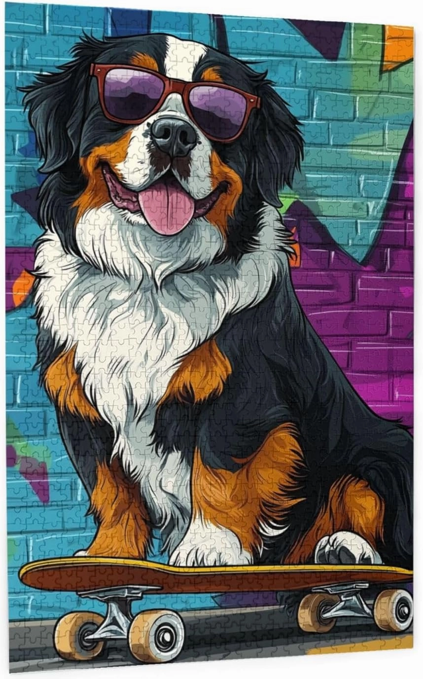 Skateboarding Dog 1000 Piece Wooden Jigsaw Puzzle for Adult,Fun & Challenging Animal Puzzle, Cute Pet Artwork,Great for Relaxation and Display for Puzzle Lovers,Stress Relieving Pleasure
