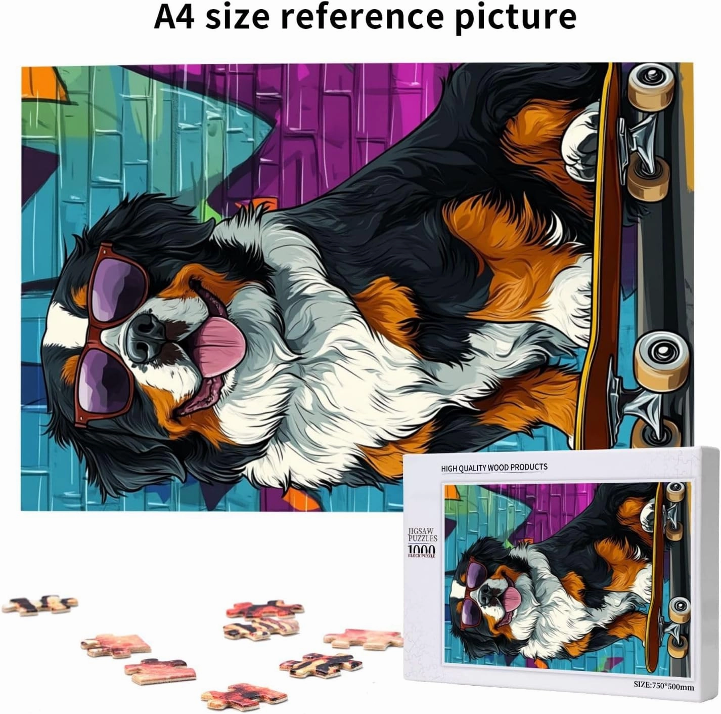 Skateboarding Dog 1000 Piece Wooden Jigsaw Puzzle for Adult,Fun & Challenging Animal Puzzle, Cute Pet Artwork,Great for Relaxation and Display for Puzzle Lovers,Stress Relieving Pleasure
