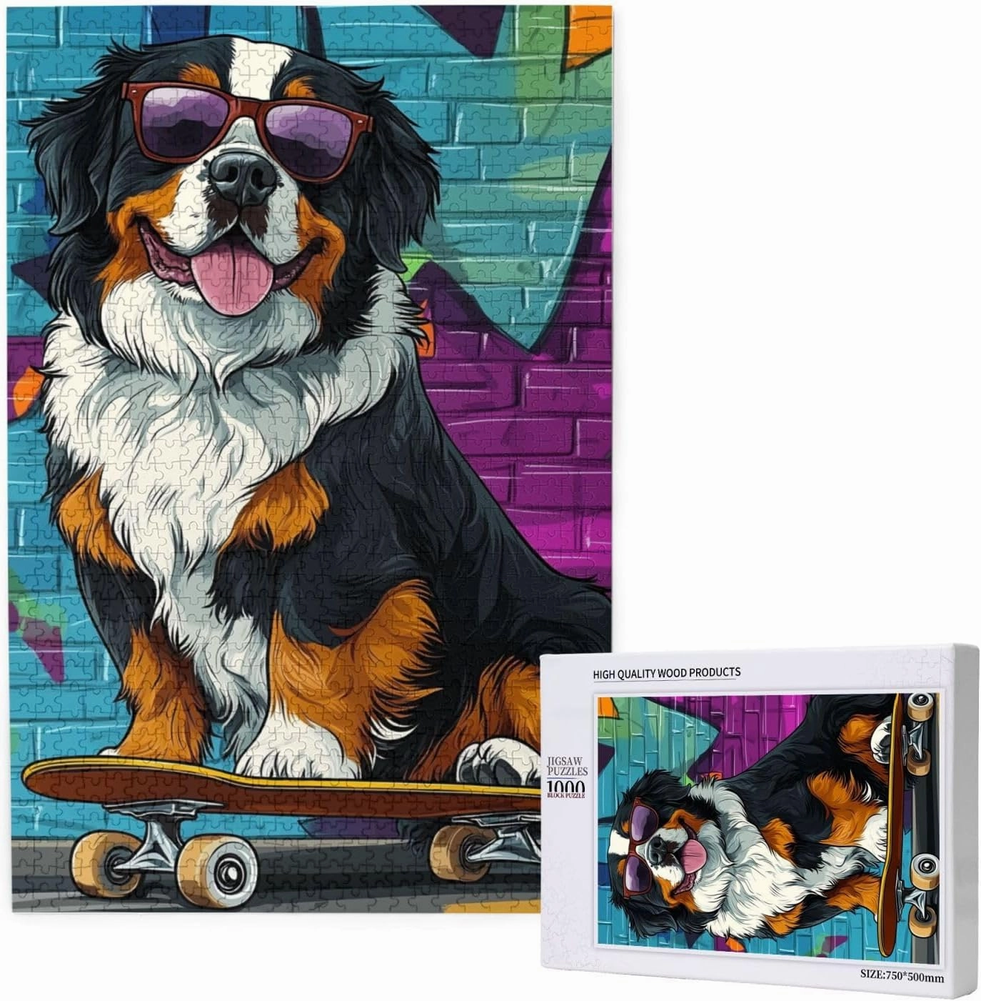 Skateboarding Dog 1000 Piece Wooden Jigsaw Puzzle for Adult,Fun & Challenging Animal Puzzle, Cute Pet Artwork,Great for Relaxation and Display for Puzzle Lovers,Stress Relieving Pleasure