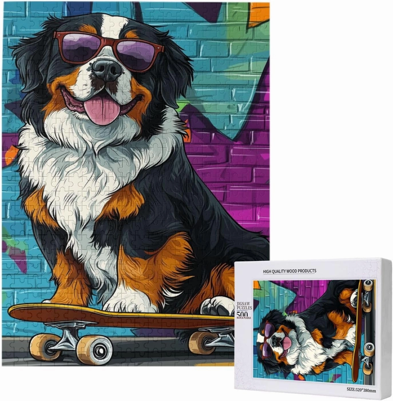 Skateboarding Dog 500 Piece Wooden Jigsaw Puzzle for Adult,Fun & Challenging Animal Puzzle, Cute Pet Artwork,Great for Relaxation and Display for Puzzle Lovers,Stress Relieving Pleasure