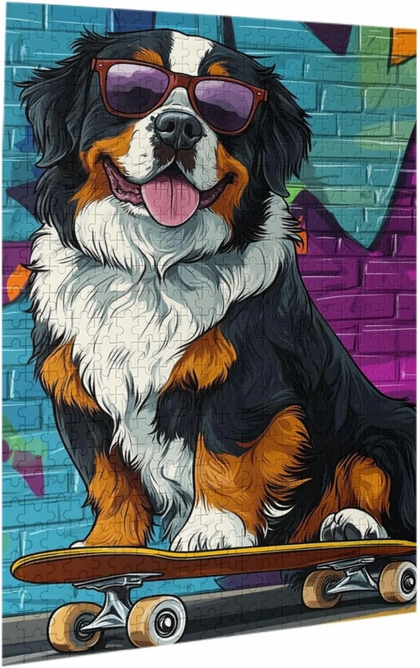 Skateboarding Dog 500 Piece Wooden Jigsaw Puzzle for Adult,Fun & Challenging Animal Puzzle, Cute Pet Artwork,Great for Relaxation and Display for Puzzle Lovers,Stress Relieving Pleasure