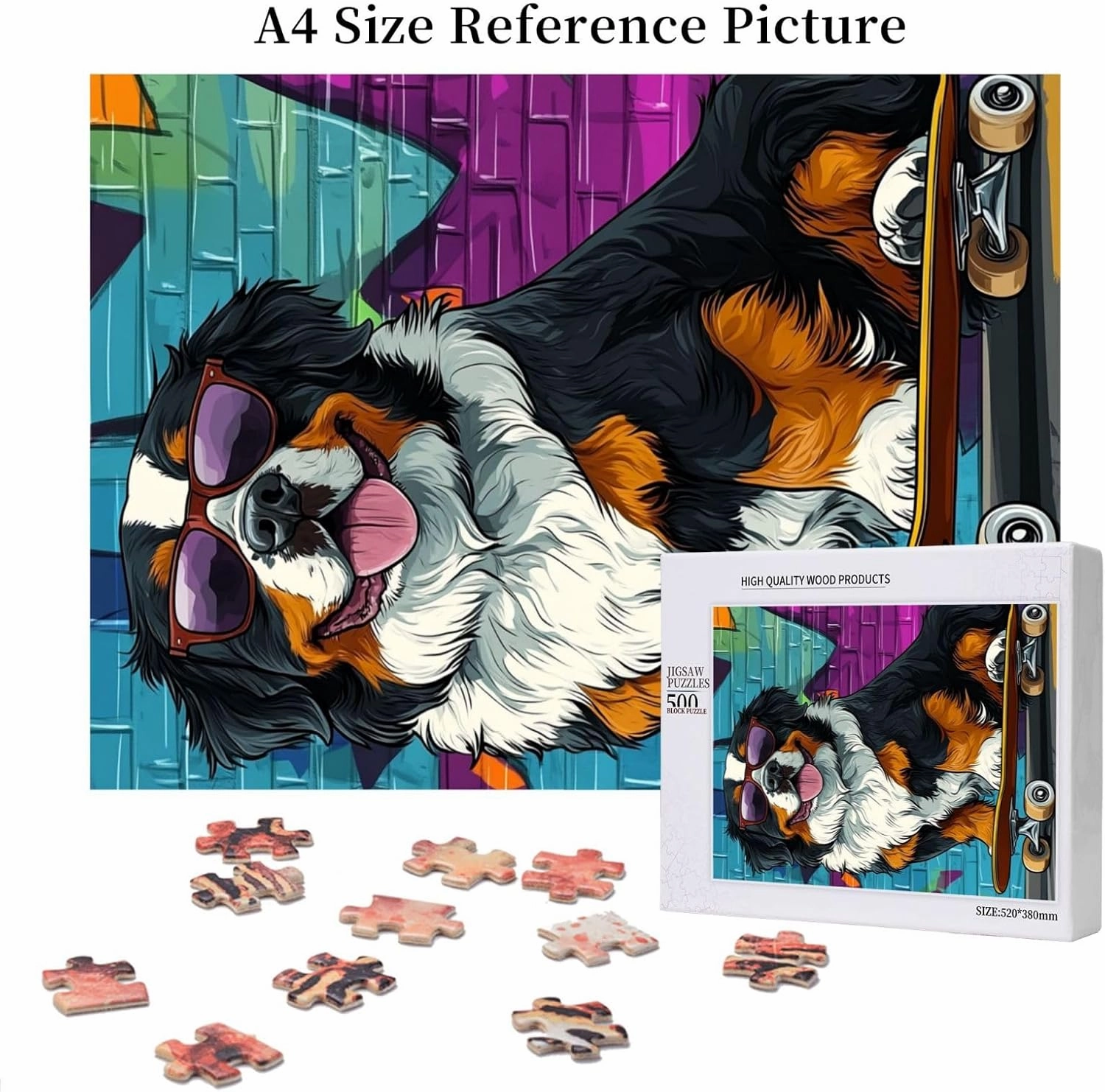 Skateboarding Dog 500 Piece Wooden Jigsaw Puzzle for Adult,Fun & Challenging Animal Puzzle, Cute Pet Artwork,Great for Relaxation and Display for Puzzle Lovers,Stress Relieving Pleasure