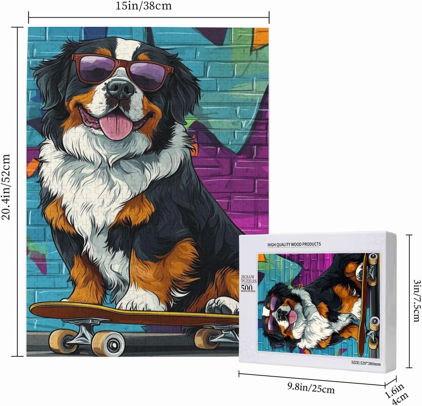 Skateboarding Dog 500 Piece Wooden Jigsaw Puzzle for Adult,Fun & Challenging Animal Puzzle, Cute Pet Artwork,Great for Relaxation and Display for Puzzle Lovers,Stress Relieving Pleasure