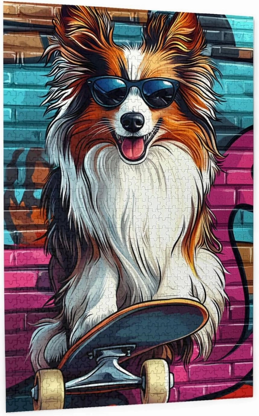 Skateboarding Dog Jigsaw Puzzles 1000 PCS,Fun Animal Art for Home Decor Wooden Puzzle,Challenging Brain Game & Funny Gift for Pet Lovers,Gift Suitable Family Friends