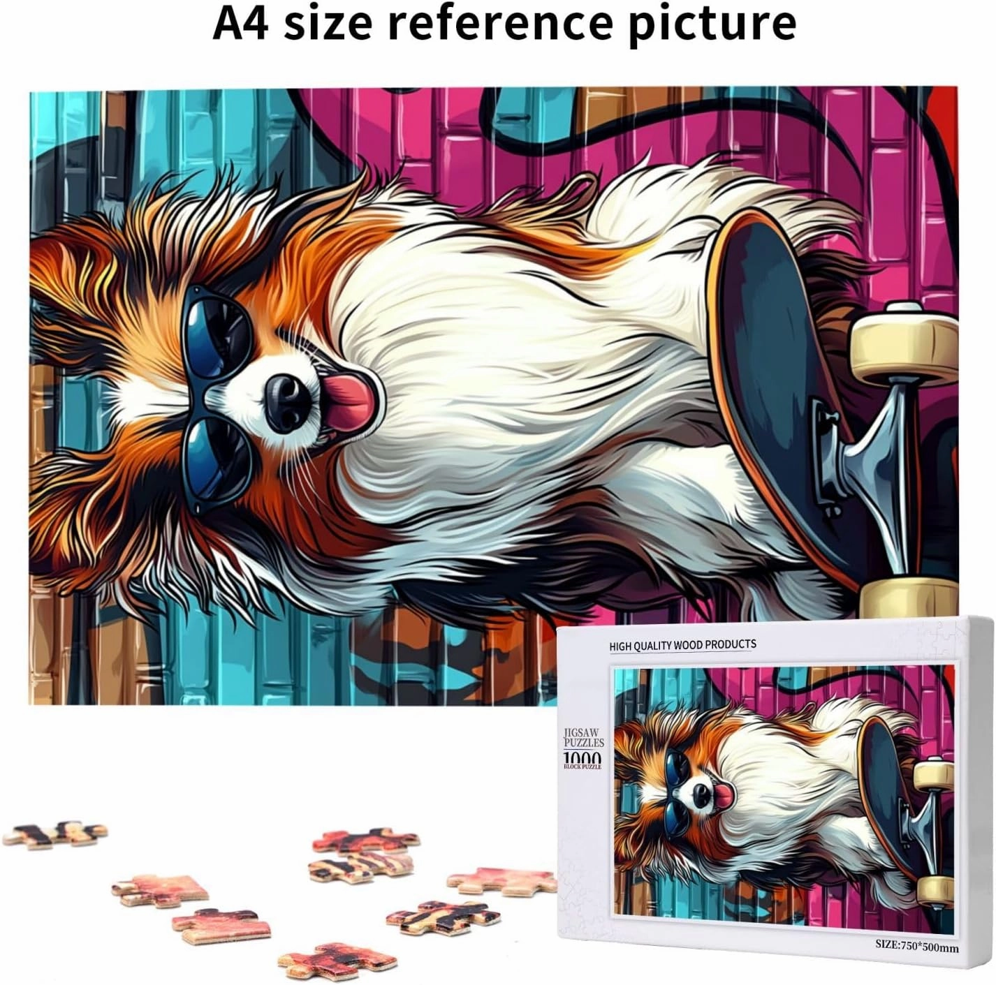 Skateboarding Dog Jigsaw Puzzles 1000 PCS,Fun Animal Art for Home Decor Wooden Puzzle,Challenging Brain Game & Funny Gift for Pet Lovers,Gift Suitable Family Friends