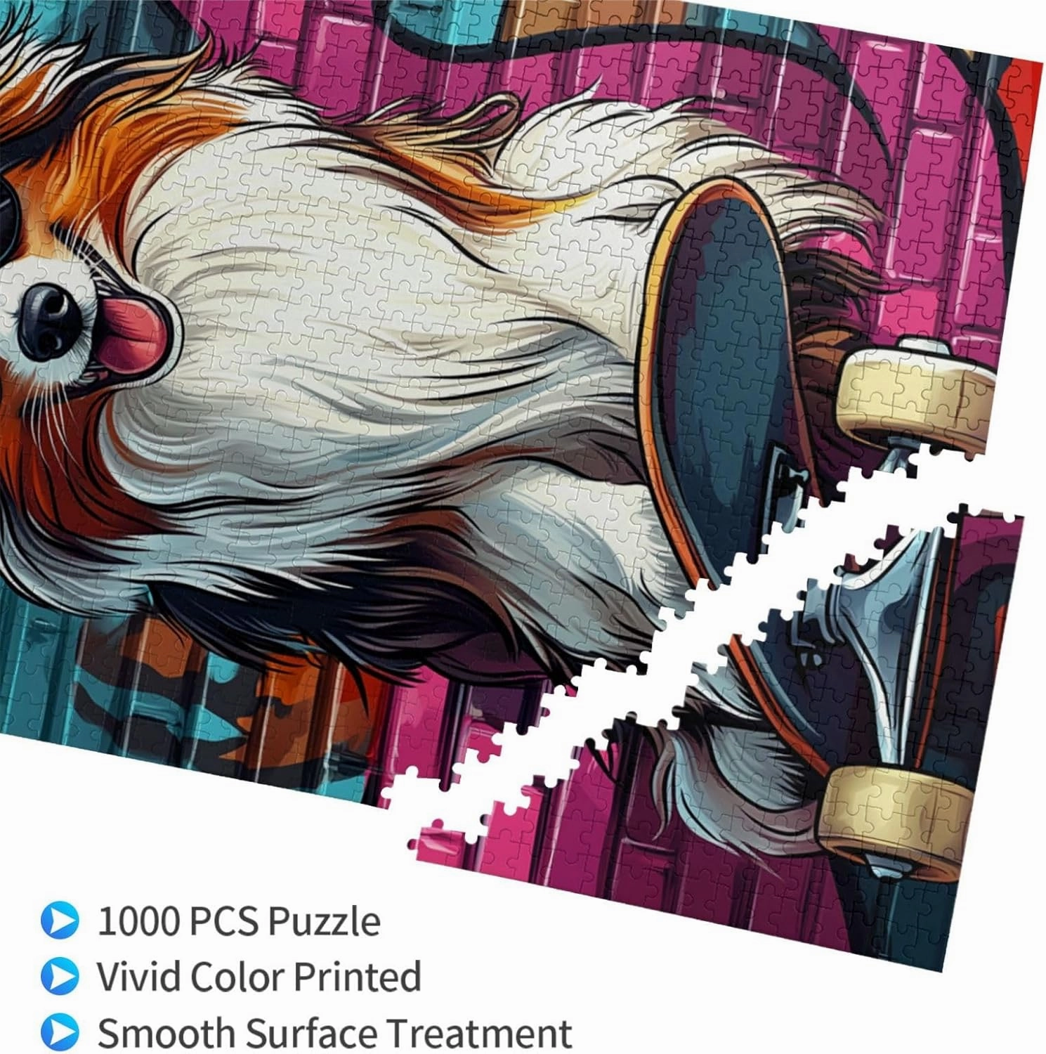 Skateboarding Dog Jigsaw Puzzles 1000 PCS,Fun Animal Art for Home Decor Wooden Puzzle,Challenging Brain Game & Funny Gift for Pet Lovers,Gift Suitable Family Friends