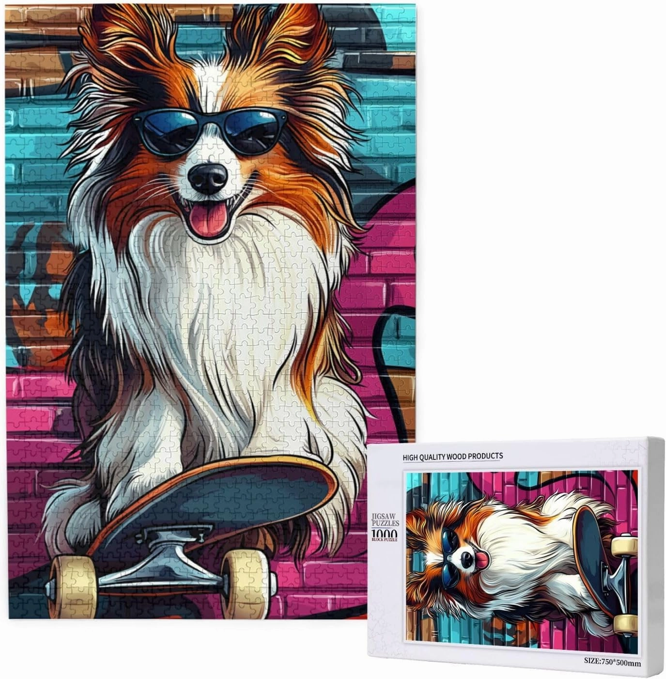 Skateboarding Dog Jigsaw Puzzles 1000 PCS,Fun Animal Art for Home Decor Wooden Puzzle,Challenging Brain Game & Funny Gift for Pet Lovers,Gift Suitable Family Friends
